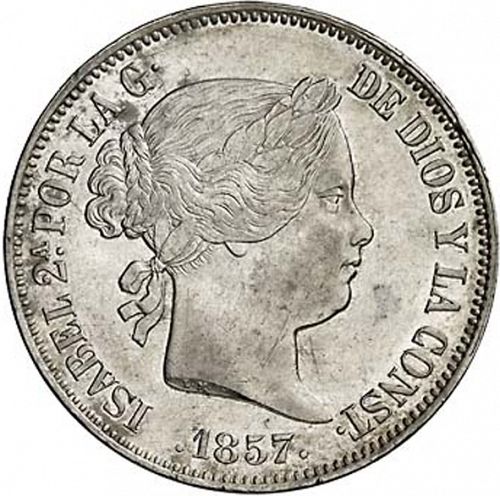 20 Reales Obverse Image minted in SPAIN in 1857 (1849-64  -  ISABEL II - Decimal Coinage)  - The Coin Database