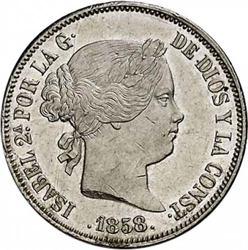 20 Reales Obverse Image minted in SPAIN in 1858 (1849-64  -  ISABEL II - Decimal Coinage)  - The Coin Database