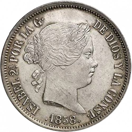 20 Reales Obverse Image minted in SPAIN in 1858 (1849-64  -  ISABEL II - Decimal Coinage)  - The Coin Database