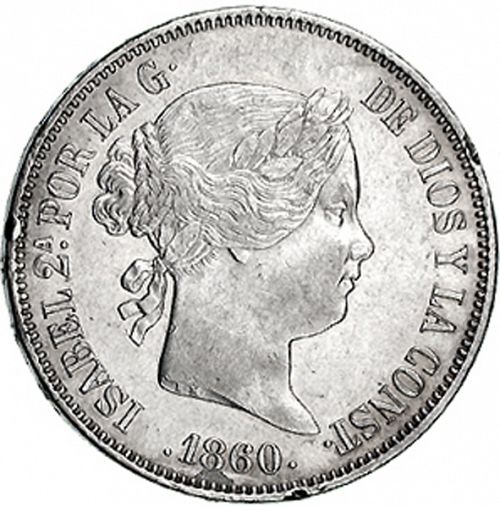 20 Reales Obverse Image minted in SPAIN in 1860 (1849-64  -  ISABEL II - Decimal Coinage)  - The Coin Database