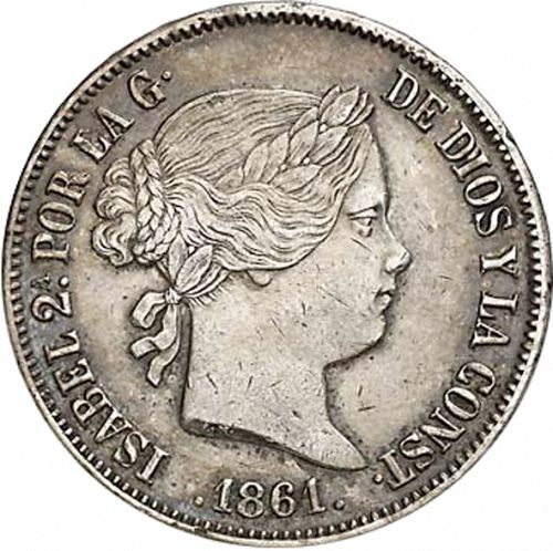 20 Reales Obverse Image minted in SPAIN in 1861 (1849-64  -  ISABEL II - Decimal Coinage)  - The Coin Database