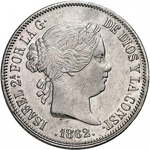 20 Reales Obverse Image minted in SPAIN in 1862 (1849-64  -  ISABEL II - Decimal Coinage)  - The Coin Database