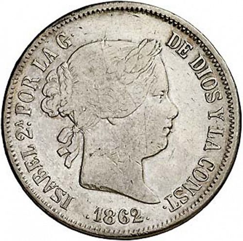 20 Reales Obverse Image minted in SPAIN in 1862 (1849-64  -  ISABEL II - Decimal Coinage)  - The Coin Database