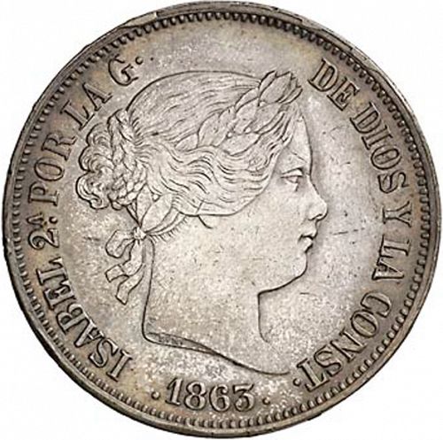 20 Reales Obverse Image minted in SPAIN in 1863 (1849-64  -  ISABEL II - Decimal Coinage)  - The Coin Database