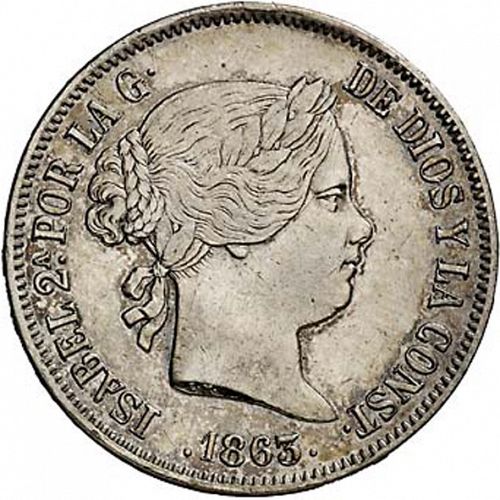 20 Reales Obverse Image minted in SPAIN in 1863 (1849-64  -  ISABEL II - Decimal Coinage)  - The Coin Database