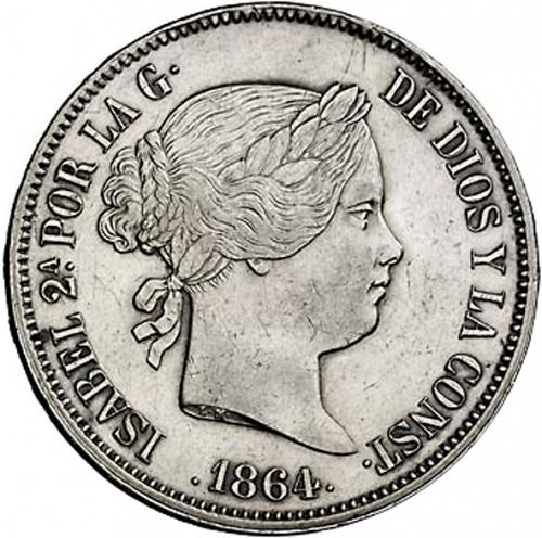 20 Reales Obverse Image minted in SPAIN in 1864 (1849-64  -  ISABEL II - Decimal Coinage)  - The Coin Database