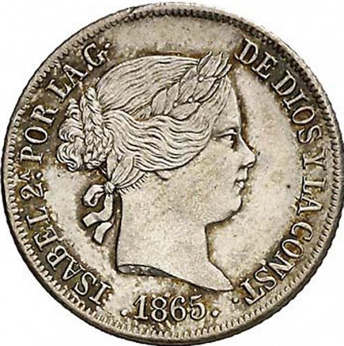 20 Céntimos Escudo Obverse Image minted in SPAIN in 1865 (1865-68  -  ISABEL II - 2nd Decimal Coinage)  - The Coin Database
