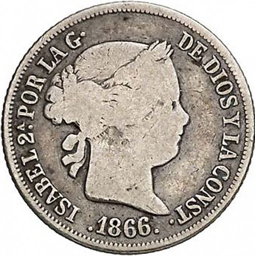 20 Céntimos Escudo Obverse Image minted in SPAIN in 1866 (1865-68  -  ISABEL II - 2nd Decimal Coinage)  - The Coin Database