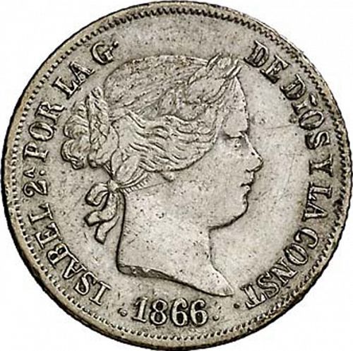 20 Céntimos Escudo Obverse Image minted in SPAIN in 1866 (1865-68  -  ISABEL II - 2nd Decimal Coinage)  - The Coin Database