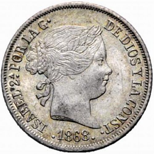 20 Céntimos Escudo Obverse Image minted in SPAIN in 1868 / 68 (1865-68  -  ISABEL II - 2nd Decimal Coinage)  - The Coin Database