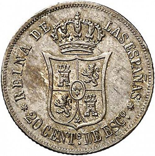20 Céntimos Escudo Reverse Image minted in SPAIN in 1865 (1865-68  -  ISABEL II - 2nd Decimal Coinage)  - The Coin Database