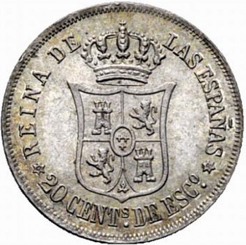 20 Céntimos Escudo Reverse Image minted in SPAIN in 1868 / 68 (1865-68  -  ISABEL II - 2nd Decimal Coinage)  - The Coin Database