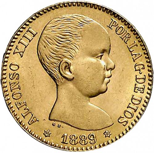 20 Pesetas Obverse Image minted in SPAIN in 1889 / 89 (1886-31  -  ALFONSO XIII)  - The Coin Database