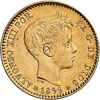 20 Pesetas Obverse Image minted in SPAIN in 1899 / 99 (1886-31  -  ALFONSO XIII)  - The Coin Database