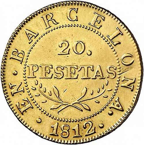 20 Pesetas Reverse Image minted in SPAIN in 1812 (1808-13  -  JOSE NAPOLEON - Barcelona)  - The Coin Database