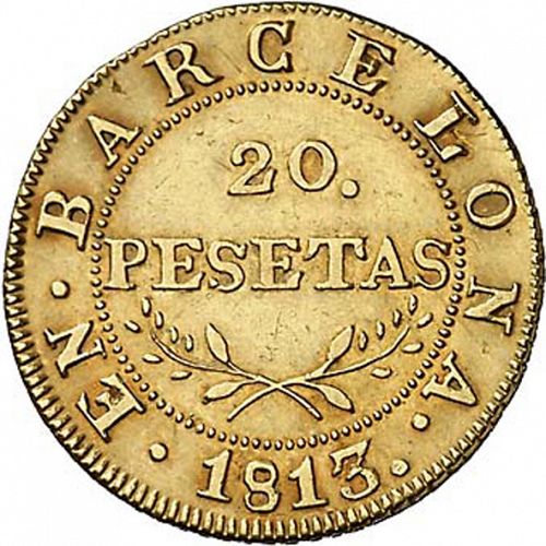 20 Pesetas Reverse Image minted in SPAIN in 1813 (1808-13  -  JOSE NAPOLEON - Barcelona)  - The Coin Database
