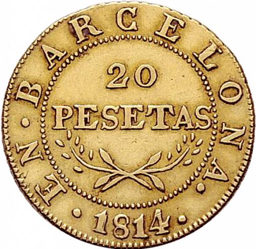 20 Pesetas Reverse Image minted in SPAIN in 1814 (1808-13  -  JOSE NAPOLEON - Barcelona)  - The Coin Database