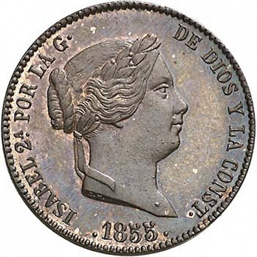 25 Céntimos Real Obverse Image minted in SPAIN in 1855 (1849-64  -  ISABEL II - Decimal Coinage)  - The Coin Database