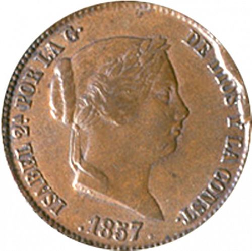 25 Céntimos Real Obverse Image minted in SPAIN in 1857 (1849-64  -  ISABEL II - Decimal Coinage)  - The Coin Database