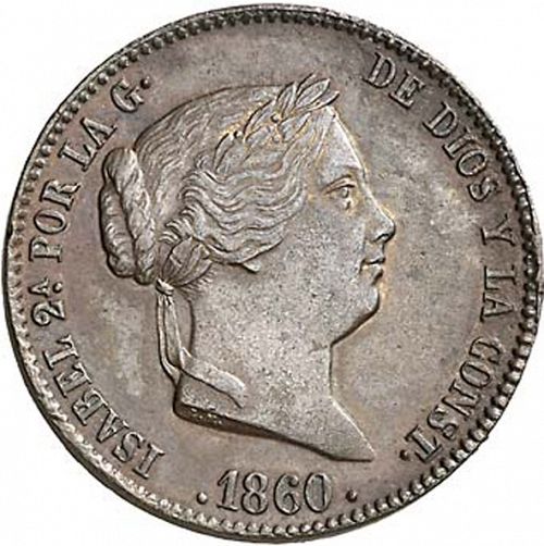 25 Céntimos Real Obverse Image minted in SPAIN in 1860 (1849-64  -  ISABEL II - Decimal Coinage)  - The Coin Database
