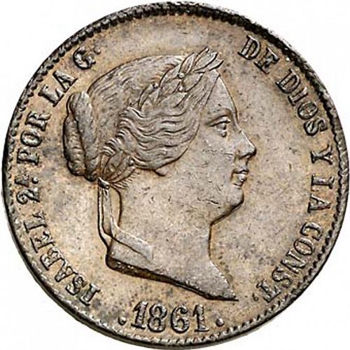 25 Céntimos Real Obverse Image minted in SPAIN in 1861 (1849-64  -  ISABEL II - Decimal Coinage)  - The Coin Database