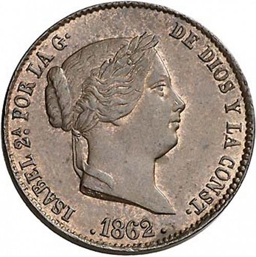25 Céntimos Real Obverse Image minted in SPAIN in 1862 (1849-64  -  ISABEL II - Decimal Coinage)  - The Coin Database