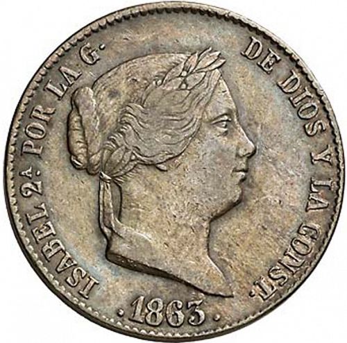 25 Céntimos Real Obverse Image minted in SPAIN in 1863 (1849-64  -  ISABEL II - Decimal Coinage)  - The Coin Database