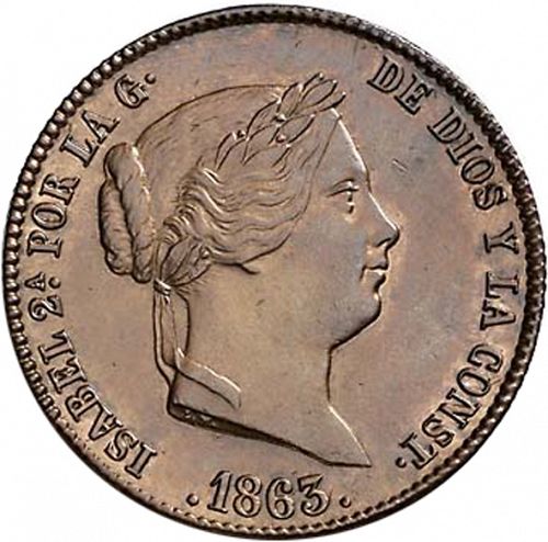 25 Céntimos Real Obverse Image minted in SPAIN in 1863 (1849-64  -  ISABEL II - Decimal Coinage)  - The Coin Database