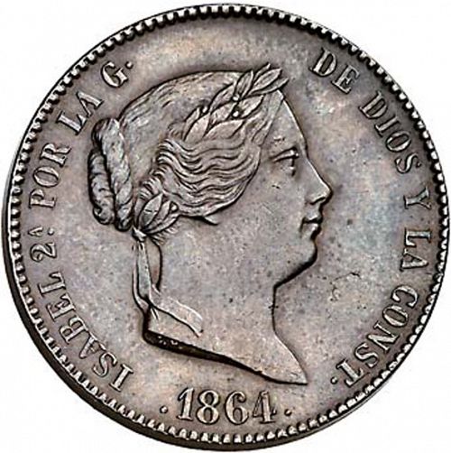 25 Céntimos Real Obverse Image minted in SPAIN in 1864 (1849-64  -  ISABEL II - Decimal Coinage)  - The Coin Database