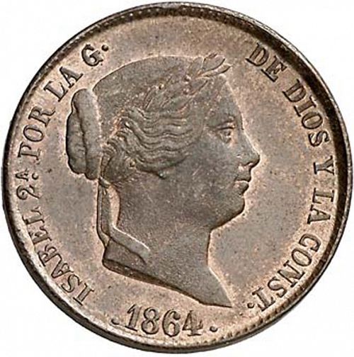 25 Céntimos Real Obverse Image minted in SPAIN in 1864 (1849-64  -  ISABEL II - Decimal Coinage)  - The Coin Database
