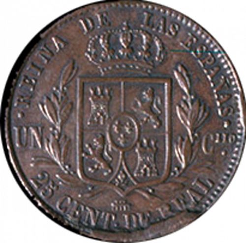 25 Céntimos Real Reverse Image minted in SPAIN in 1857 (1849-64  -  ISABEL II - Decimal Coinage)  - The Coin Database