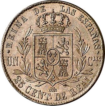 25 Céntimos Real Reverse Image minted in SPAIN in 1858 (1849-64  -  ISABEL II - Decimal Coinage)  - The Coin Database