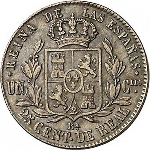 25 Céntimos Real Reverse Image minted in SPAIN in 1863 (1849-64  -  ISABEL II - Decimal Coinage)  - The Coin Database