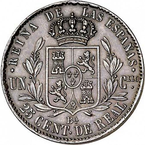 25 Céntimos Real Reverse Image minted in SPAIN in 1864 (1849-64  -  ISABEL II - Decimal Coinage)  - The Coin Database