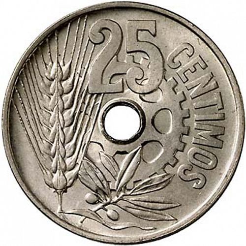 25 Céntimos Reverse Image minted in SPAIN in 1934 (1931-39  -  2nd REPUBLIC)  - The Coin Database