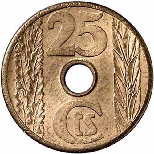 25 Céntimos Reverse Image minted in SPAIN in 1938 (1931-39  -  2nd REPUBLIC)  - The Coin Database