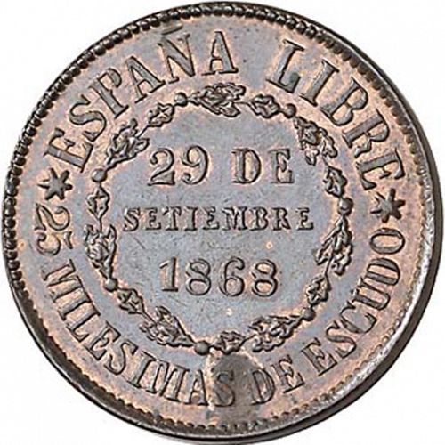 25 milesimas Reverse Image minted in SPAIN in 1868 (1868-70  -  PROVISIONAL GOVERNMENT)  - The Coin Database