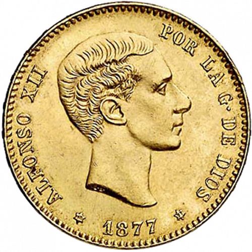 25 Pesetas Obverse Image minted in SPAIN in 1877 / 77 (1874-85  -  ALFONSO XII)  - The Coin Database