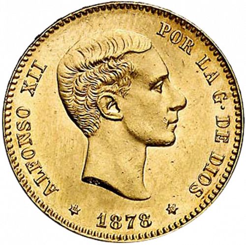 25 Pesetas Obverse Image minted in SPAIN in 1878 / 78 (1874-85  -  ALFONSO XII)  - The Coin Database