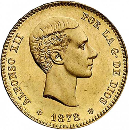 25 Pesetas Obverse Image minted in SPAIN in 1878 / 78 (1874-85  -  ALFONSO XII)  - The Coin Database