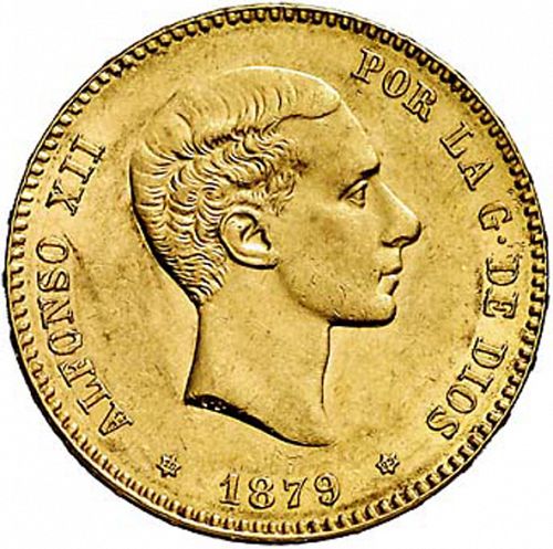 25 Pesetas Obverse Image minted in SPAIN in 1879 / 79 (1874-85  -  ALFONSO XII)  - The Coin Database