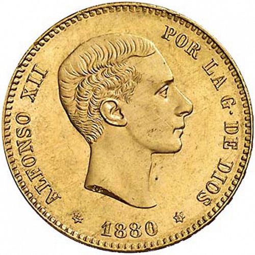 25 Pesetas Obverse Image minted in SPAIN in 1880 / 80 (1874-85  -  ALFONSO XII)  - The Coin Database