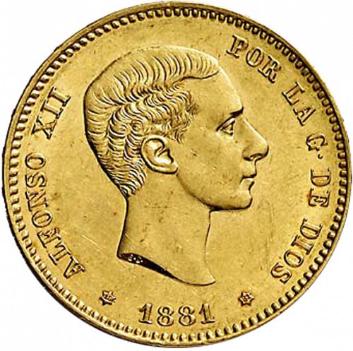 25 Pesetas Obverse Image minted in SPAIN in 1881 / 81 (1874-85  -  ALFONSO XII)  - The Coin Database