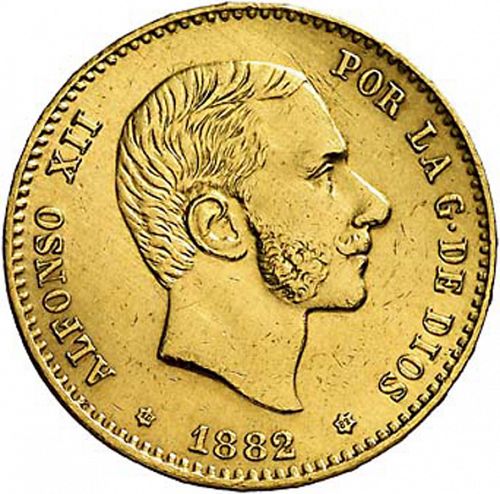 25 Pesetas Obverse Image minted in SPAIN in 1882 / 82 (1874-85  -  ALFONSO XII)  - The Coin Database