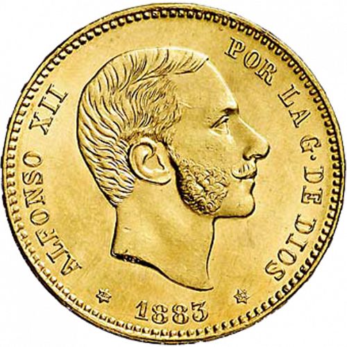 25 Pesetas Obverse Image minted in SPAIN in 1883 / 83 (1874-85  -  ALFONSO XII)  - The Coin Database