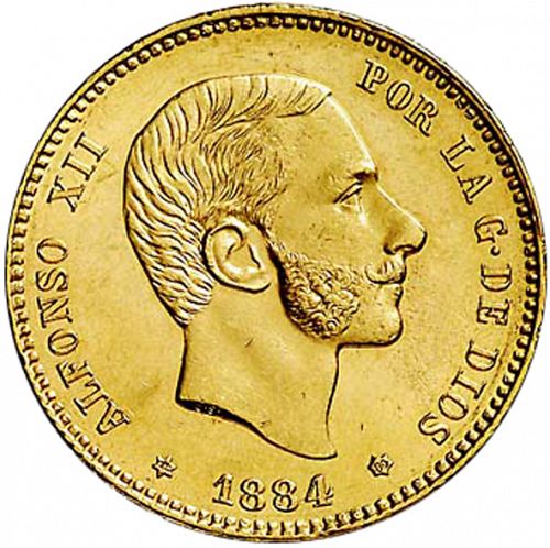 25 Pesetas Obverse Image minted in SPAIN in 1884 / 84 (1874-85  -  ALFONSO XII)  - The Coin Database