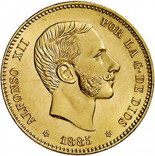 25 Pesetas Obverse Image minted in SPAIN in 1885 / 85 (1874-85  -  ALFONSO XII)  - The Coin Database