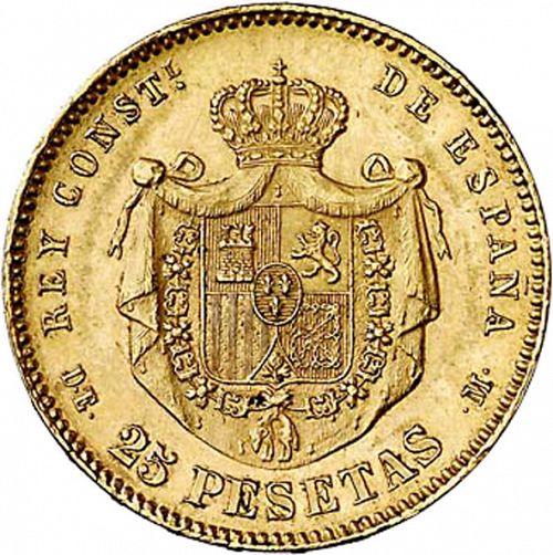 25 Pesetas Reverse Image minted in SPAIN in 1877 / 77 (1874-85  -  ALFONSO XII)  - The Coin Database
