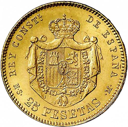 25 Pesetas Reverse Image minted in SPAIN in 1884 / 84 (1874-85  -  ALFONSO XII)  - The Coin Database