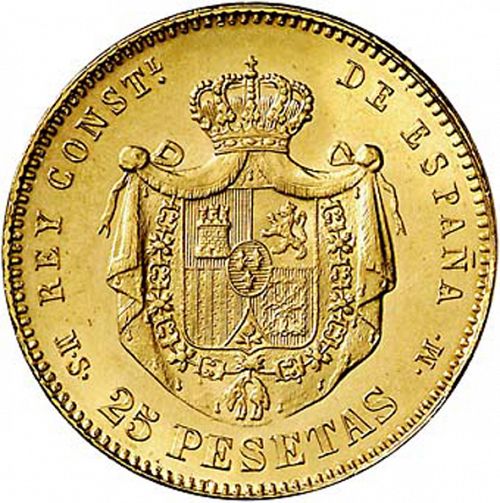 25 Pesetas Reverse Image minted in SPAIN in 1885 / 85 (1874-85  -  ALFONSO XII)  - The Coin Database